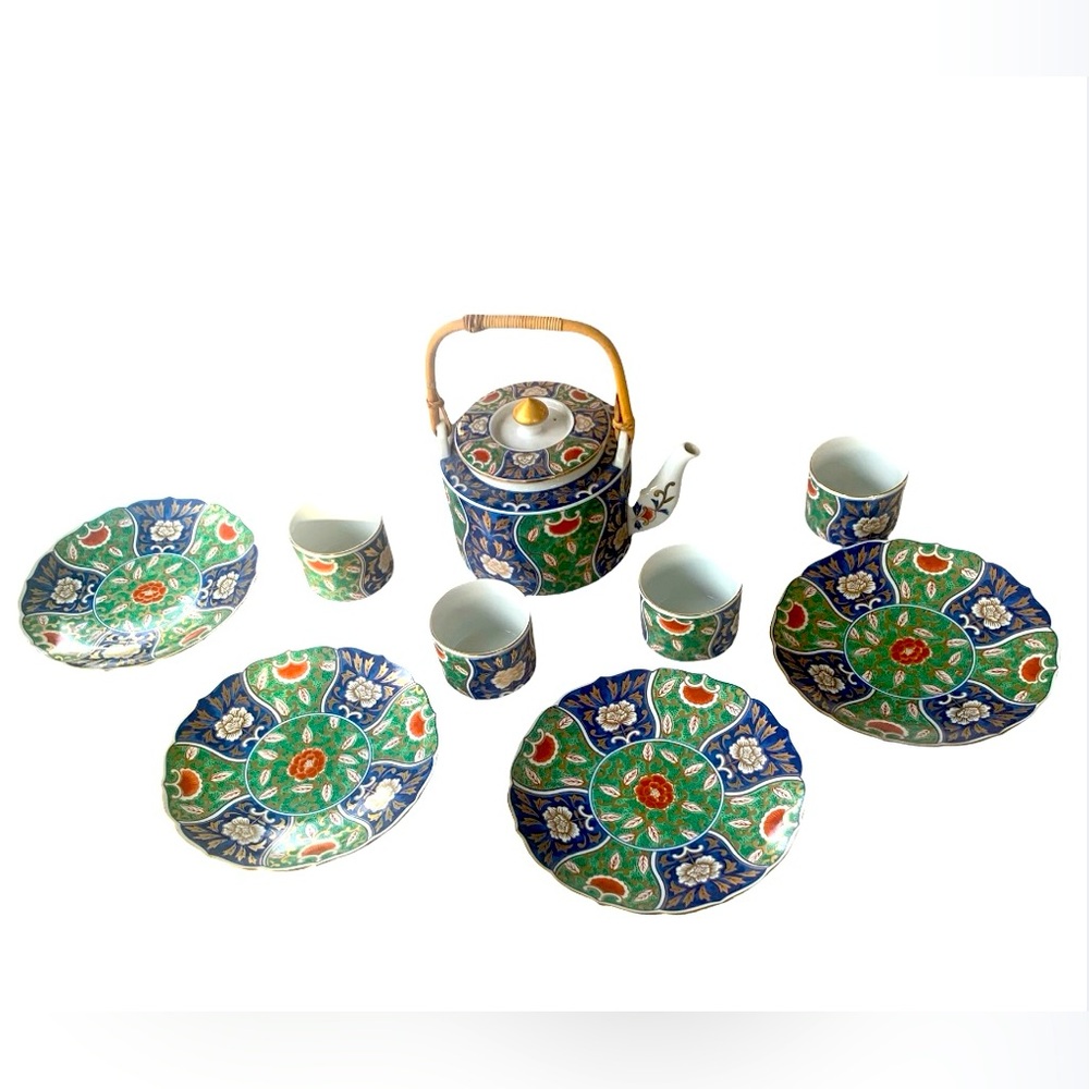 OMC Otagiri Japan Sake Teapot  Bamboo Handle w/ 6 Tea Cups & 4 Desert Plates - Picture 3 of 10